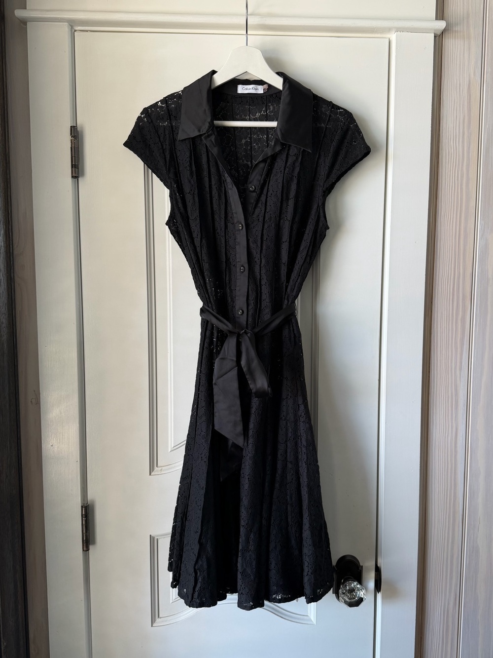 Calvin Klein Black Lace Dress with Satin Waist Tie